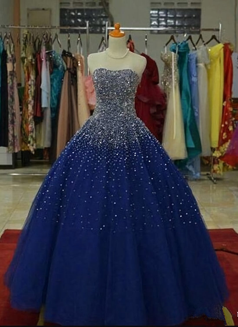 Party Dress With Sleeves, Blue Tulle Sequins Long Ball Gown Formal Dress, Sparkle Blue Quinceanera Dress
