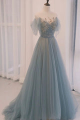 Fairy Dress, Blue Tulle Sequins Long Prom Dress, A-Line Scoop Neckline Party Dress