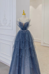 Prom Dress Gold, Blue Tulle Sequins Long Prom Gown, Blue Spaghetti Straps Formal Evening Dress