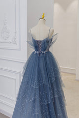 Bridesmaid Dress, Blue Tulle Sequins Long Prom Gown, Blue Spaghetti Straps Formal Evening Dress