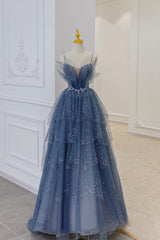 Summer Dress, Blue Tulle Sequins Long Prom Gown, Blue Spaghetti Straps Formal Evening Dress