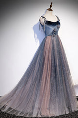 Party Dresses Glitter, Blue Tulle Spaghetti Strap Long Prom Dress, A-Line Lace-Up Evening Dress