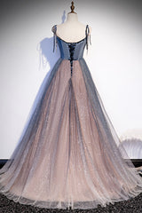 Party Dress Glitter, Blue Tulle Spaghetti Strap Long Prom Dress, A-Line Lace-Up Evening Dress
