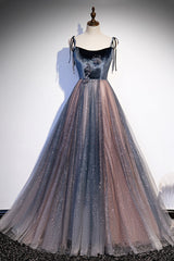 Party Dress Big Size, Blue Tulle Spaghetti Strap Long Prom Dress, A-Line Lace-Up Evening Dress