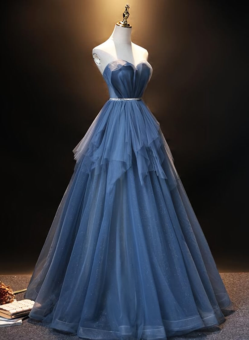 Bridesmaid Dress Website, Blue Tulle Sweetheart Simple Pretty Floor Length Party Dress, Blue A-line Evening Dress Prom Dress