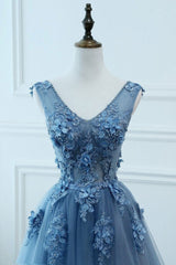 Homecoming Dresses Sparkle, Blue Tulle V-neckline Long Party Dress , Tulle Formal Dress