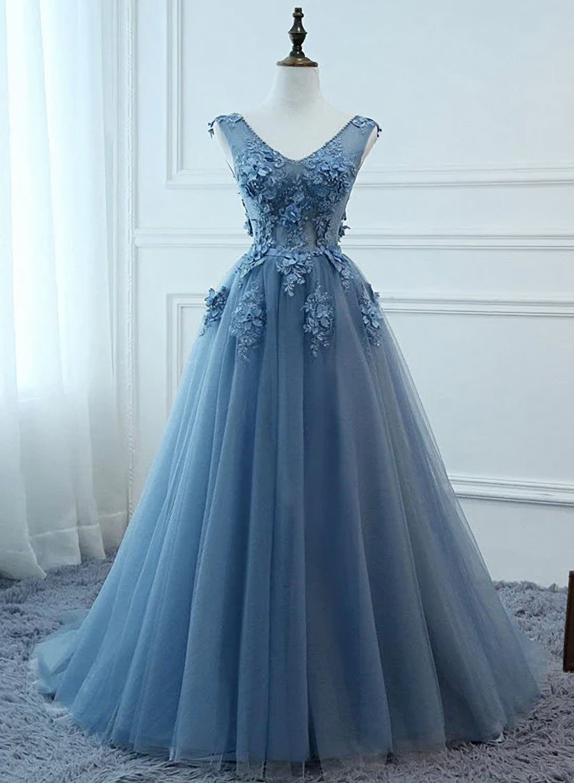 Homecoming Dresses Pockets, Blue Tulle V-neckline Long Party Dress , Tulle Formal Dress