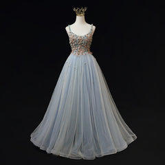 Long Gown, Blue Tulle with Flowers Straps Long Evening Dress, Blue Prom Party Dresses