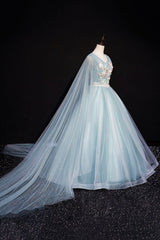 Prom Dress Sleeves, Blue V-Neck Lace Long Prom Dress, Blue A-Line Formal Evening Dress