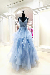 Prom Dresses Suits Ideas, Blue V-Neck Lace Long Prom Dress, Blue Tulle Layers Formal Evening Dress