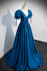 Prom Dress For Girl, Blue V-Neck Satin Long Prom Dress, A-Line Short Sleeve Evening Dress