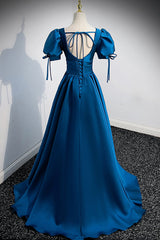 Prom Dresses For Girls, Blue V-Neck Satin Long Prom Dress, A-Line Short Sleeve Evening Dress