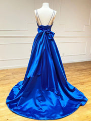 Prom Dresses For Girl, Blue v neck satin long prom dress,  blue evening dress