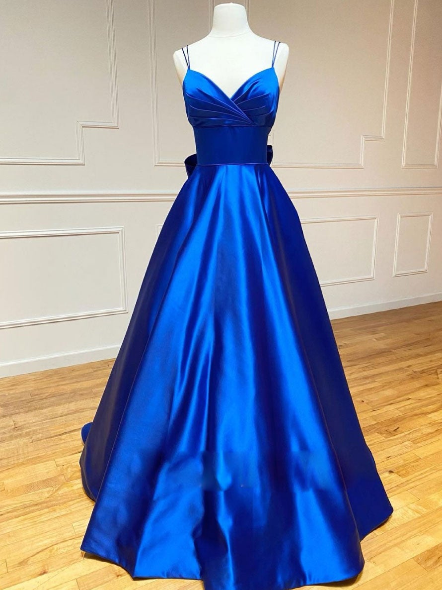 Prom Dresses For Girls, Blue v neck satin long prom dress,  blue evening dress