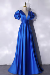 99 Prom Dress, Blue V-Neck Satin Long Prom Dress, Simple Blue Evening Party Dress