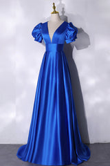 Wedding Guest Dress Summer, Blue V-Neck Satin Long Prom Dress, Simple Blue Evening Party Dress