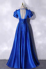 Orange Dress, Blue V-Neck Satin Long Prom Dress, Simple Blue Evening Party Dress