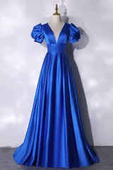 Long Gown, Blue V-Neck Satin Long Prom Dress, Simple Blue Evening Party Dress