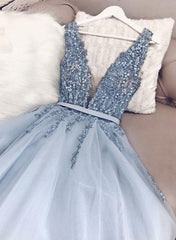 Party Dress Inspo, Blue v neck tulle beads long prom dress, evening dress