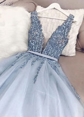 Party Dresses Classy, Blue v neck tulle beads long prom dress, evening dress