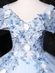 Wedding Aesthetic, Blue V Neck Tulle Lace Long Formal Prom Dresses. Blue Sweet 16 Dresses