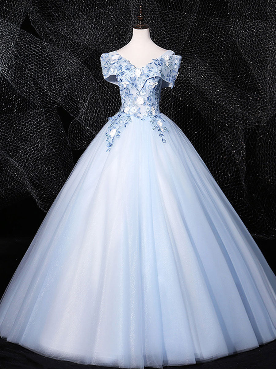 Champagne Bridesmaid Dress, Blue V Neck Tulle Lace Long Formal Prom Dresses. Blue Sweet 16 Dresses