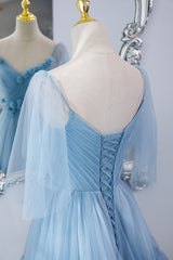 Prom Dress Off Shoulder, Blue V-Neck Tulle Long Prom Dress, A-Line Evening Party Dress