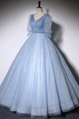 Party Dress Prom, Blue V-Neck Tulle Long Prom Dress, A-Line Formal Evening Dress