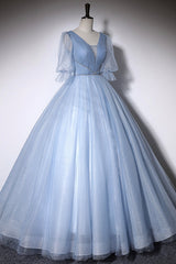 Party Dresses Prom, Blue V-Neck Tulle Long Prom Dress, A-Line Formal Evening Dress