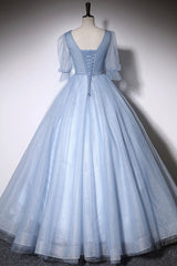 Party Dresse Idea, Blue V-Neck Tulle Long Prom Dress, A-Line Formal Evening Dress