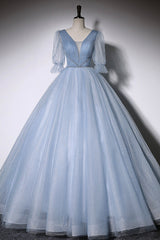 Party Dress Pinterest, Blue V-Neck Tulle Long Prom Dress, A-Line Formal Evening Dress