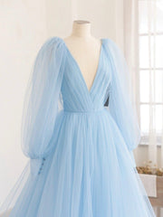 Party Dress Summer, Blue V-Neck Tulle Long Prom Dress, A-Line Long Sleeve Evening Dress