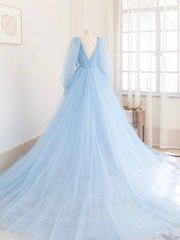 Party Dress Codes, Blue V-Neck Tulle Long Prom Dress, A-Line Long Sleeve Evening Dress