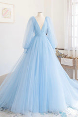 Party Dresses For Weddings, Blue V-Neck Tulle Long Prom Dress, A-Line Long Sleeve Evening Dress