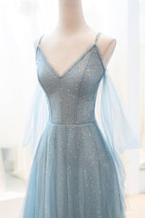 Party Dresses Fall, Blue V-Neck Tulle Long Prom Dress, A-Line Spaghetti Strap Evening Dress