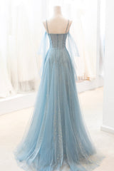 Party Dress For Ladies, Blue V-Neck Tulle Long Prom Dress, A-Line Spaghetti Strap Evening Dress