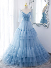 Party Dress Black And Gold, Blue v neck tulle long prom dress, blue tulle formal dress