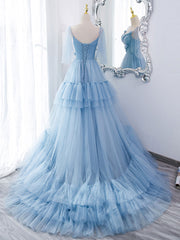 Prom Dress Inspiration, Blue v neck tulle long prom dress, blue tulle formal dress