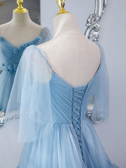 Party Dresses, Blue v neck tulle long prom dress, blue tulle formal dress