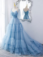 Party Dresses Black And Gold, Blue v neck tulle long prom dress, blue tulle formal dress