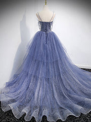 Formal Dresses Long, Blue V Neck Tulle Sequin Long Prom Dress, Blue Tulle Formal Dress