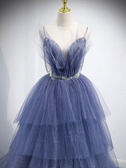 Formal Dresses For Teens, Blue V Neck Tulle Sequin Long Prom Dress, Blue Tulle Formal Dress