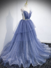 Formal Dresses For Weddings, Blue V Neck Tulle Sequin Long Prom Dress, Blue Tulle Formal Dress