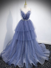 On Piece Dress, Blue V Neck Tulle Sequin Long Prom Dress, Blue Tulle Formal Dress