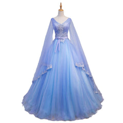 Prom Shoes, Blue V-neckline Prom Dress with Long Sleeves, Lace Applique Party Dress For Teen