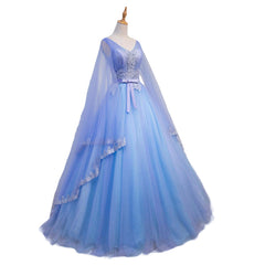 Silk Wedding Dress, Blue V-neckline Prom Dress with Long Sleeves, Lace Applique Party Dress For Teen