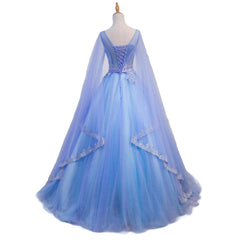 Winter Formal, Blue V-neckline Prom Dress with Long Sleeves, Lace Applique Party Dress For Teen
