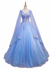Wedding Inspiration, Blue V-neckline Prom Dress with Long Sleeves, Lace Applique Party Dress For Teen