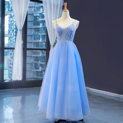 Beach Wedding Dress, Blue V-neckline Tulle Beaded Long Straps Beaded Dress, Blue Fashionable Formal Dress Prom Dress