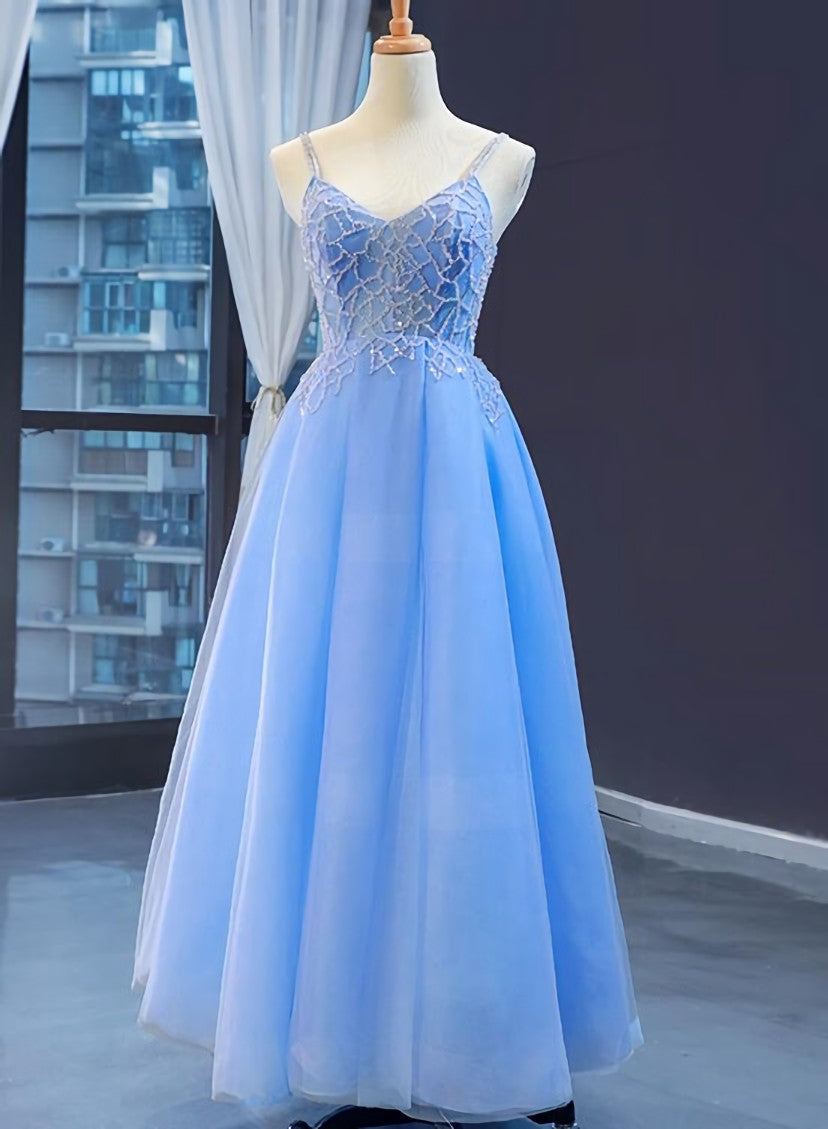 Spring Wedding, Blue V-neckline Tulle Beaded Long Straps Beaded Dress, Blue Fashionable Formal Dress Prom Dress